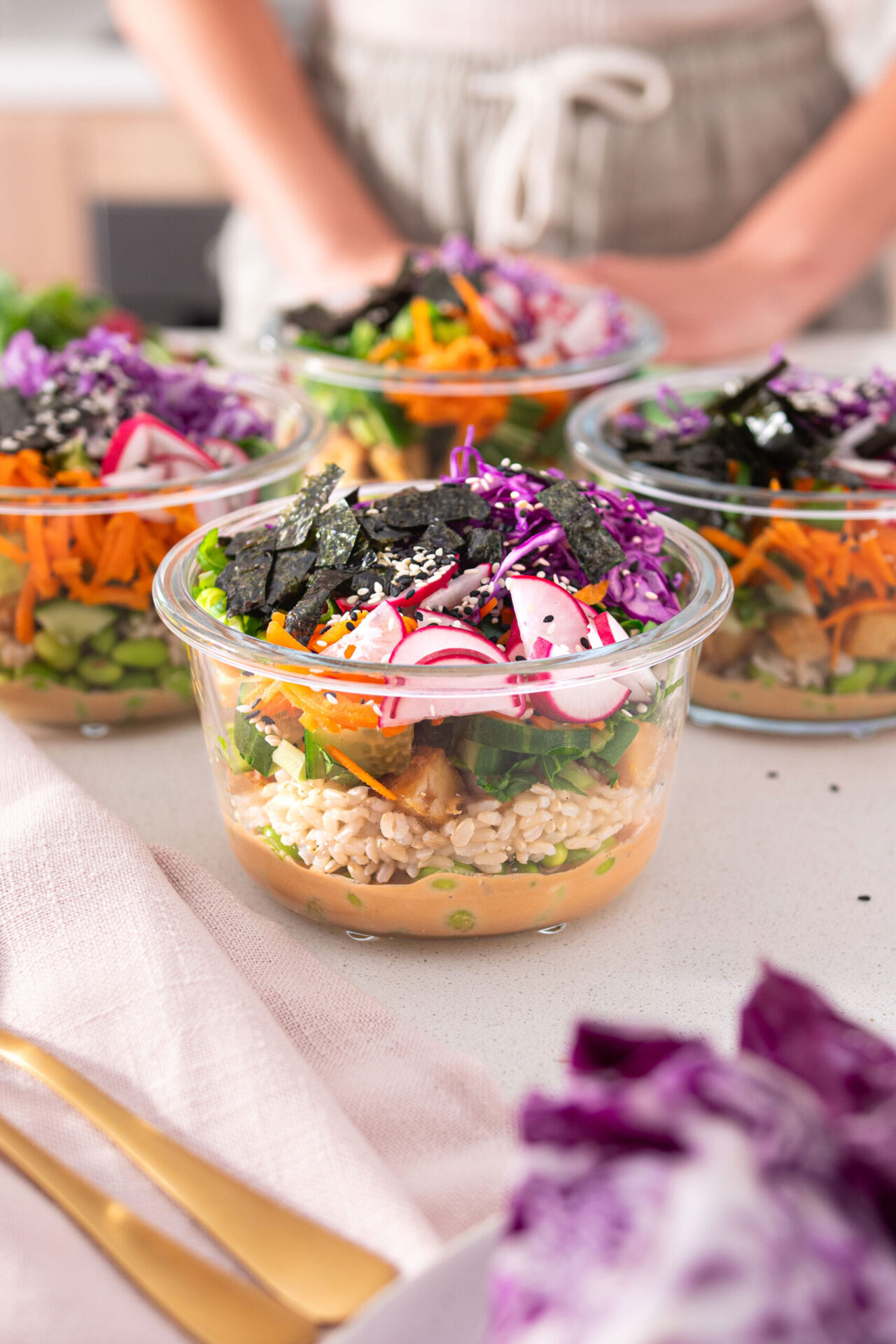 Vegan Poke Bowl Meal Prep container filled with layers of vegetables