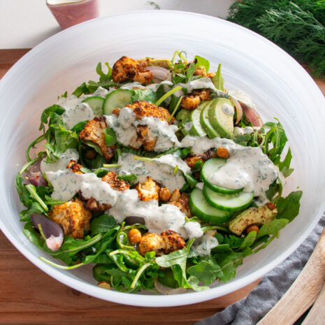Large bowl with roasted cauliflower salad