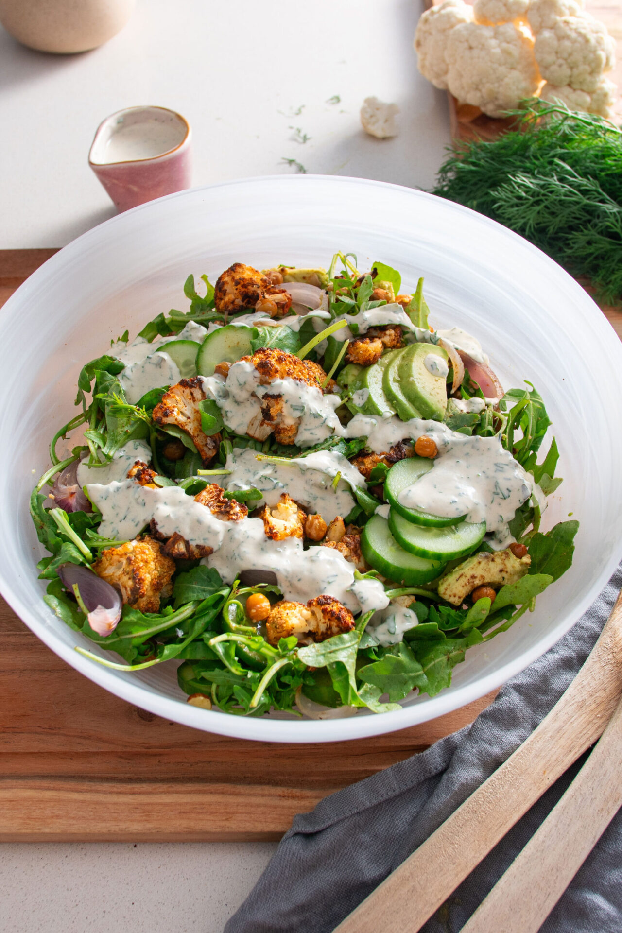 Large bowl with roasted cauliflower salad