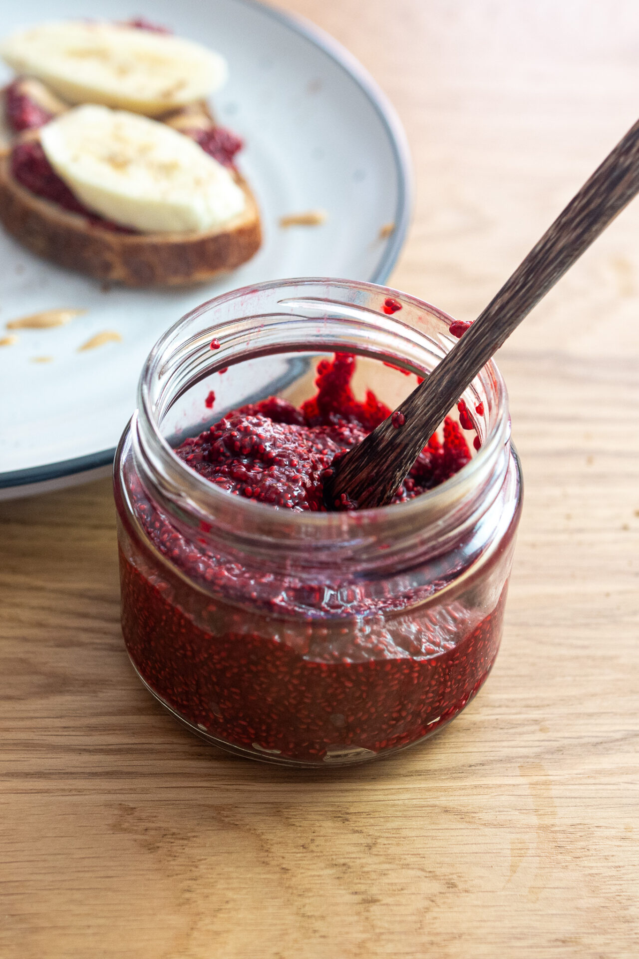 A vibrant jar of berry chia jam