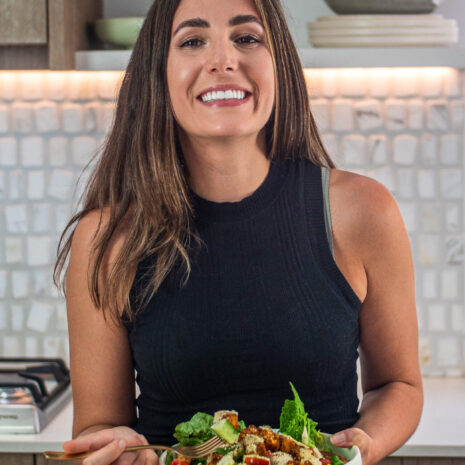 Sarah Cobacho with a plant-based caesar salad recipe