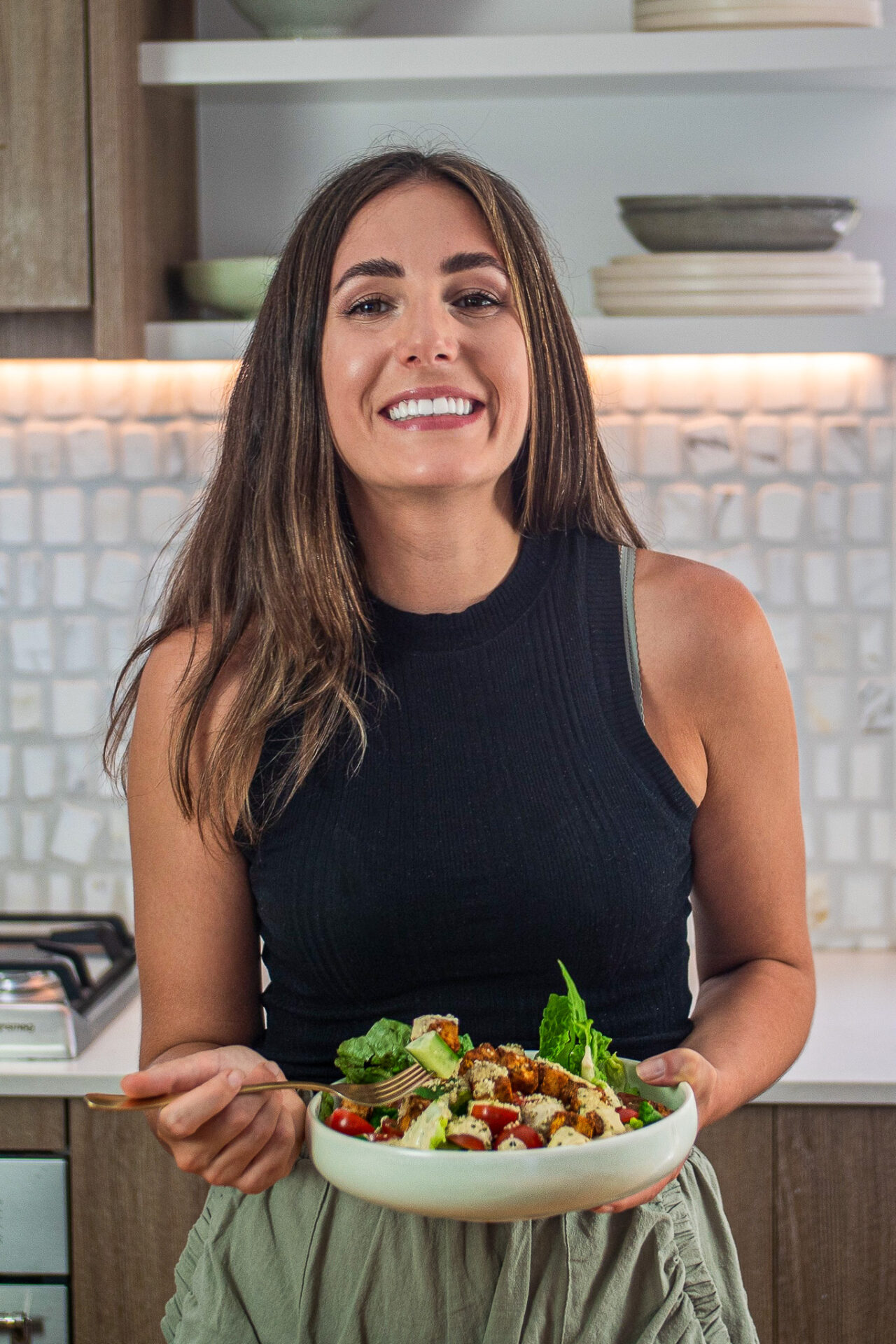Sarah Cobacho with a plant-based caesar salad recipe