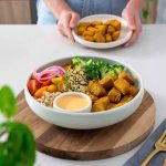 Vibrant bowl of nourishing veggies and 1-ingredient Chickpea Tofu