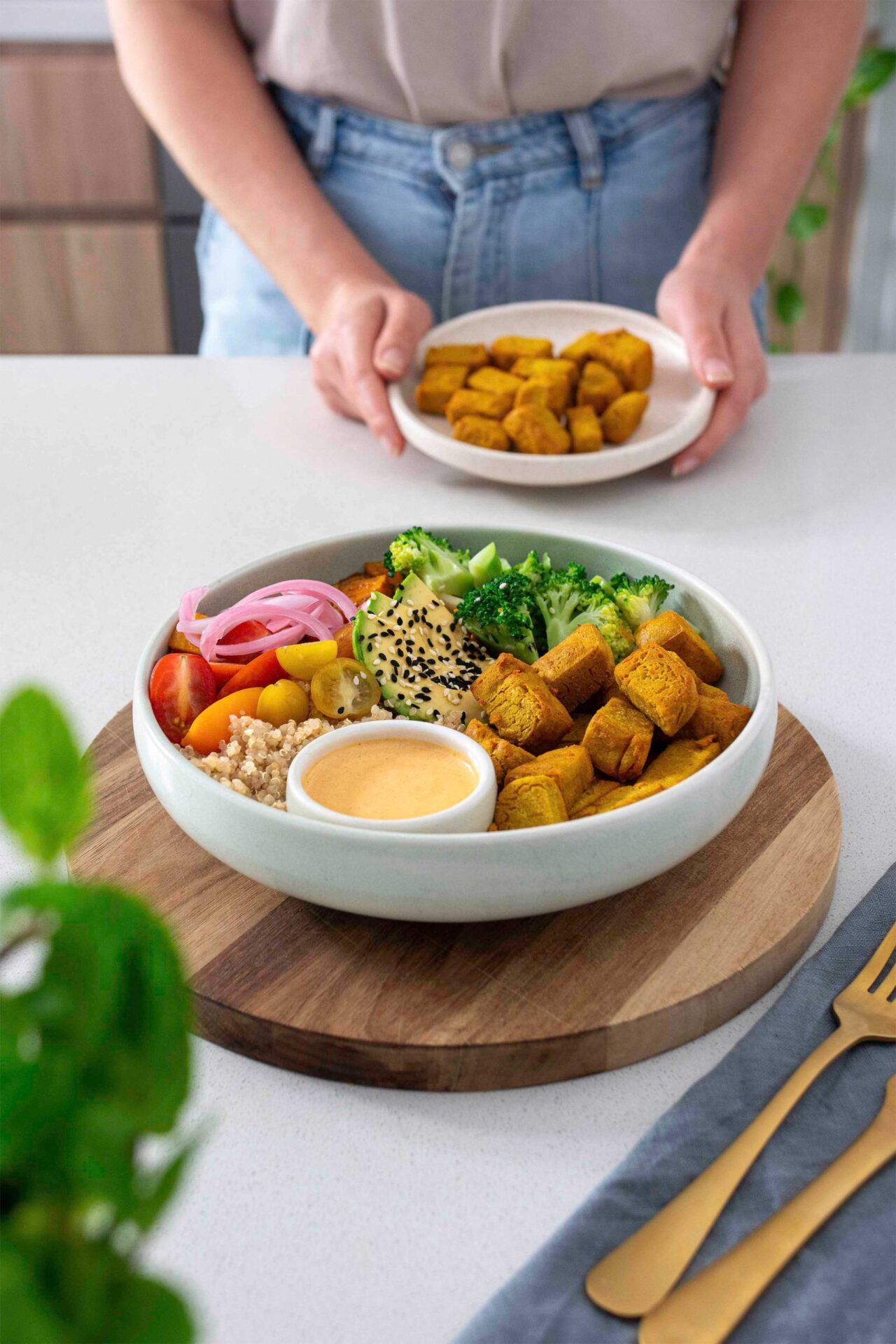 Vibrant bowl of nourishing veggies and 1-ingredient Chickpea Tofu