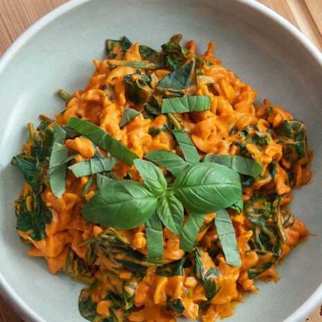 Creamy capsicum pasta with fresh herbs.
