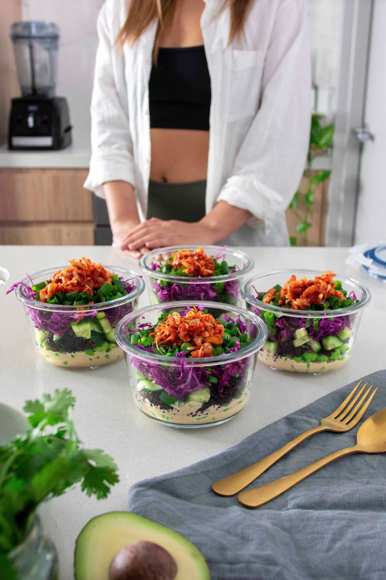 Forbidden Rice Kimchi Edamame Salad in Meal Prep Containers