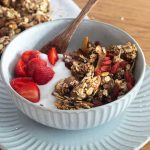Oil-free vegan granola with oats, nuts, seeds, and dried fruits.