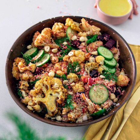 Delicious Harissa Cauliflower Beetroot Salad with easy salad dressing