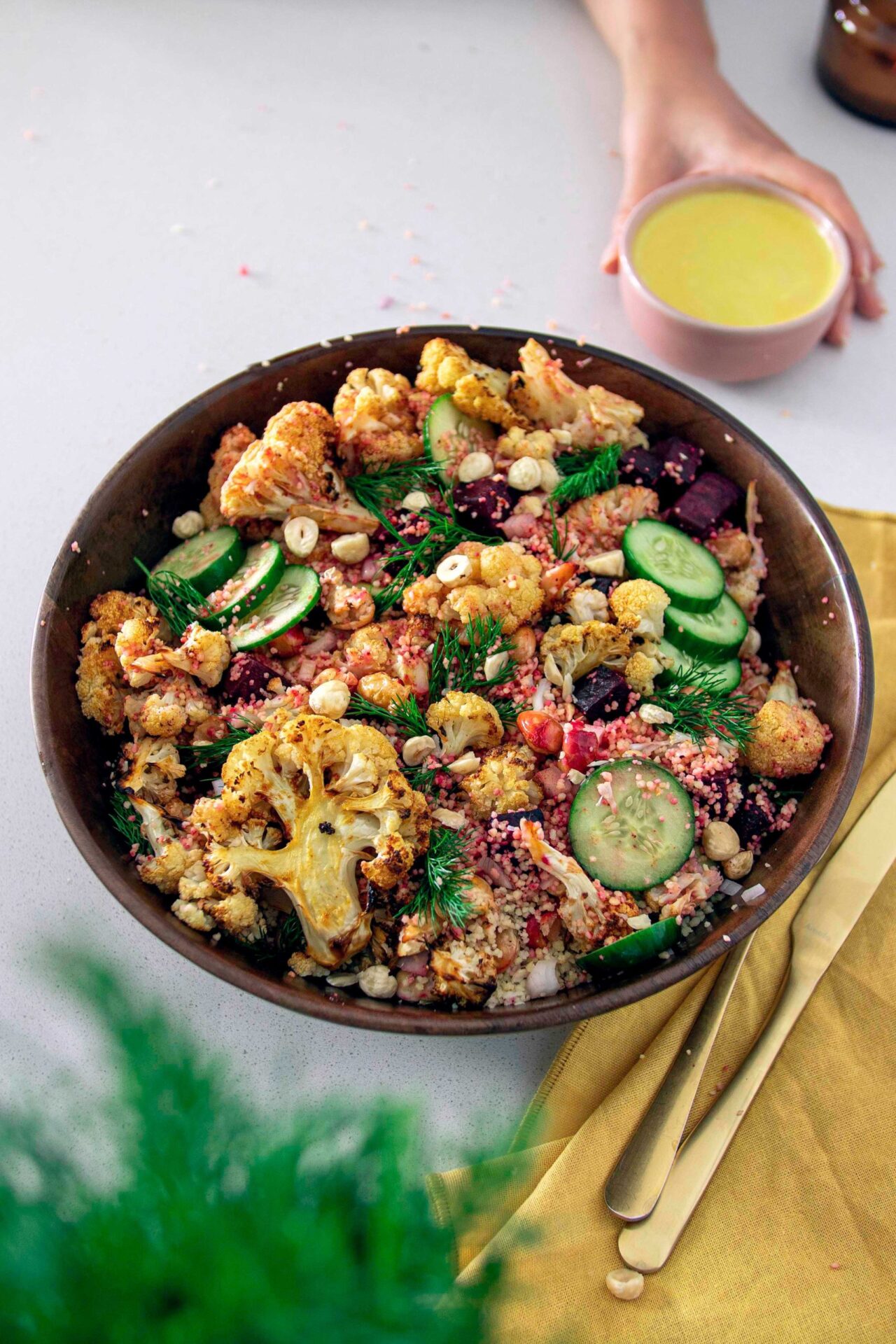 Delicious Harissa Cauliflower Beetroot Salad with easy salad dressing