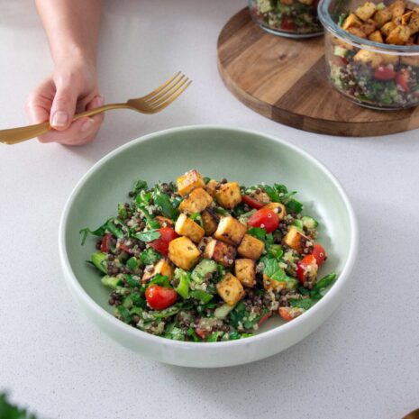 Fresh, Mediterranean style bowl with herby lemon tofu