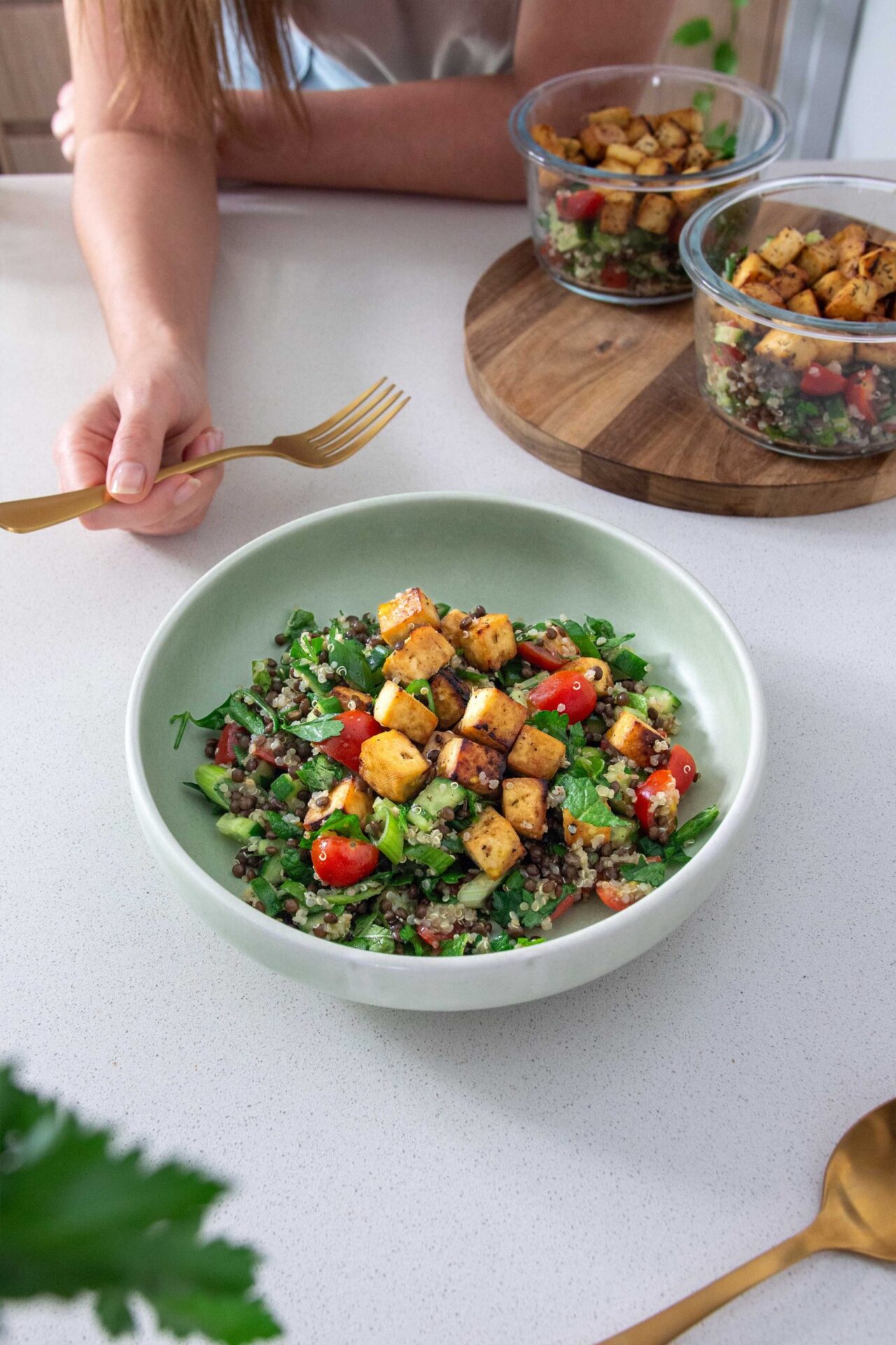 Fresh, Mediterranean style bowl with herby lemon tofu