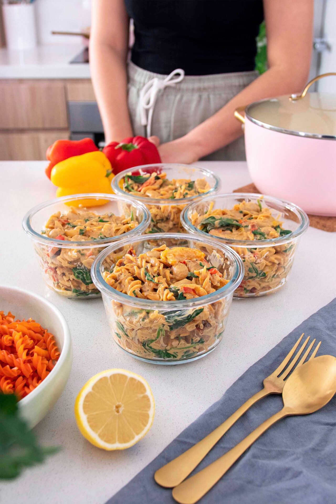 Marry My Chicken Pasta Vegan meal prep in glass jars