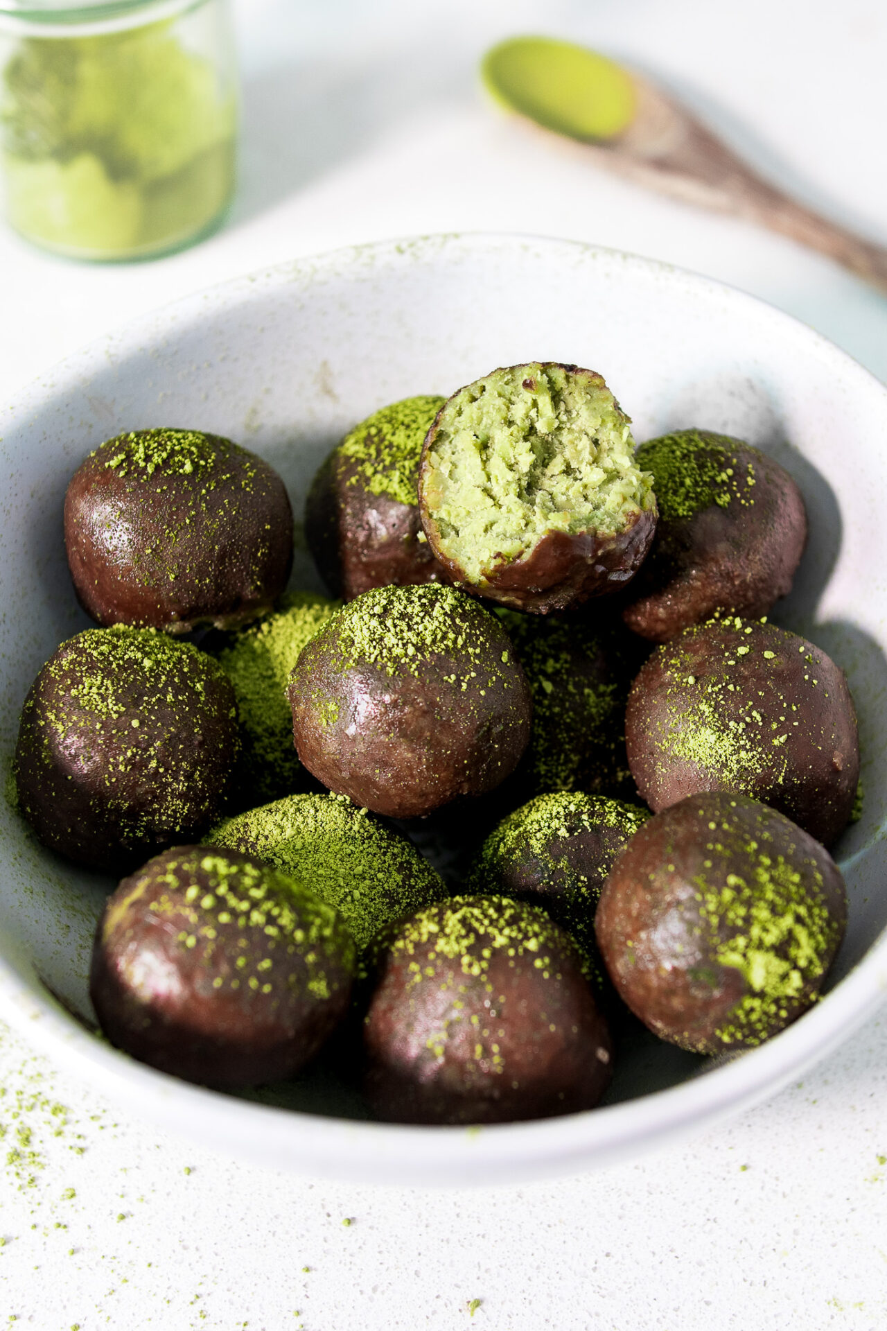 Matcha your bounty bites in a bowl
