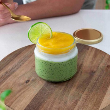 Jar of colorful, vibrant Matcha Chia Pudding