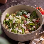 Mediterranean Orzo Salad in a big salad bowl