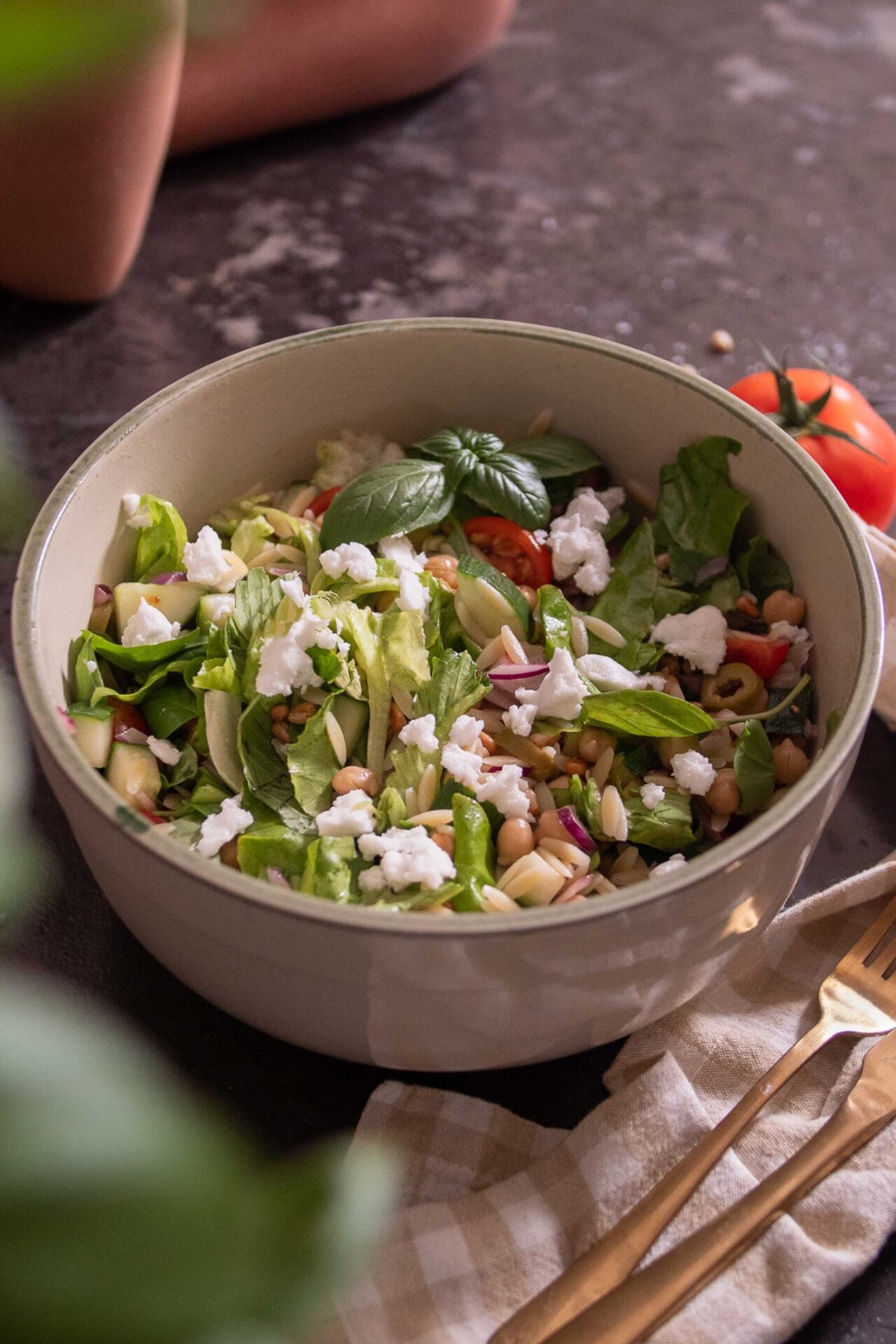 Mediterranean Orzo Salad in a big salad bowl