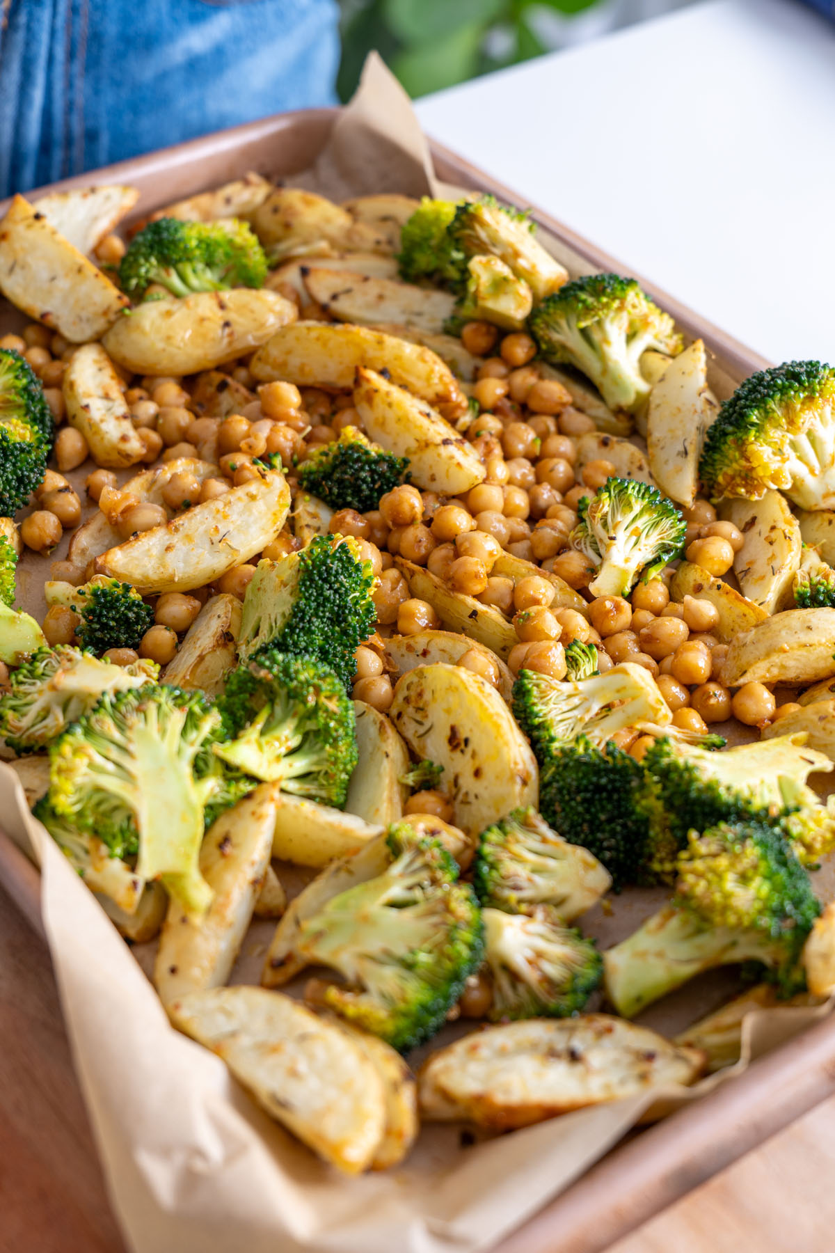 Tray of Potatoes, Chickpeas, and Broccoli Ready to bake