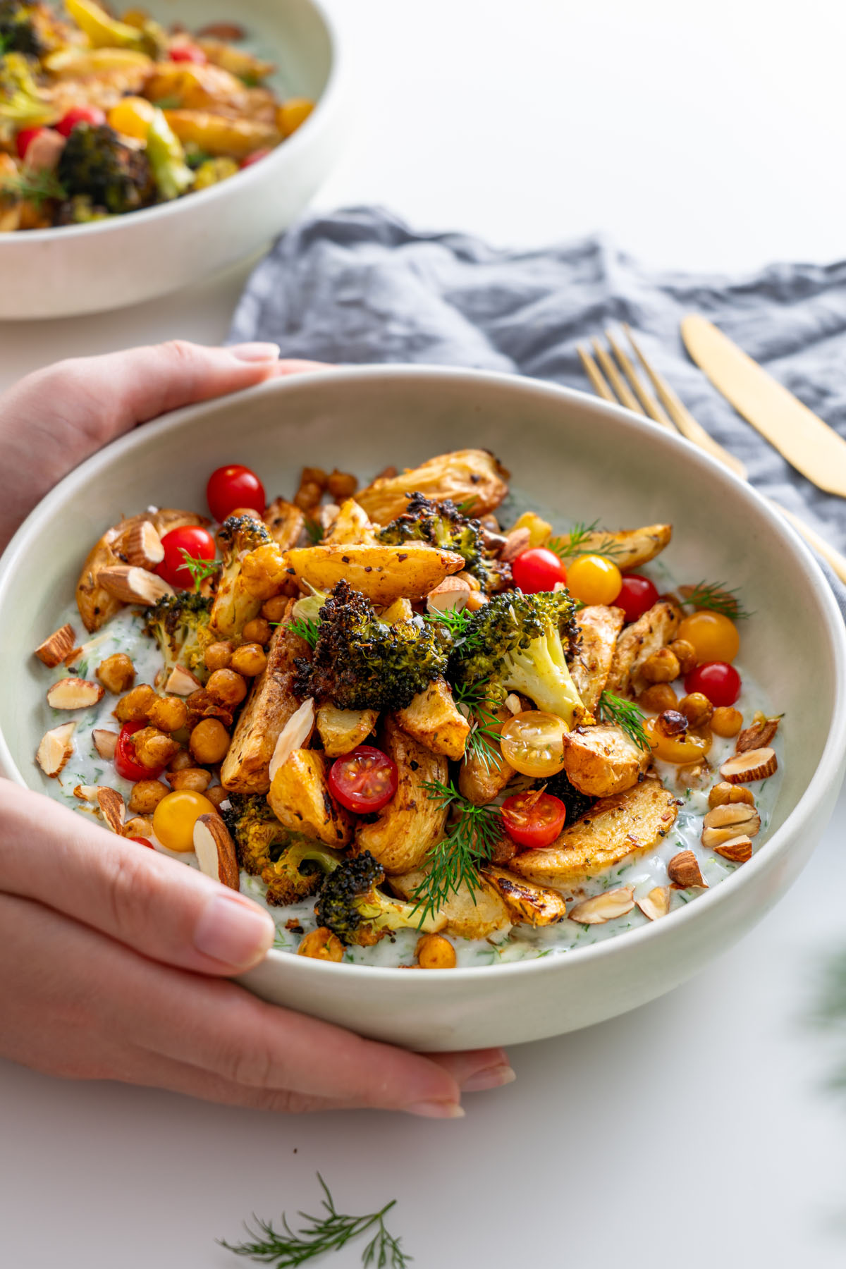 Side view of a finished Mediterranean roasted potato and chickpea bowl with dill and tomatoes on top of tzatziki.