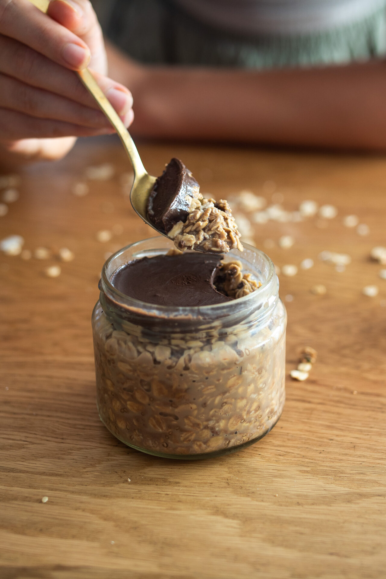 A chocolatey looking jar of overnight oats