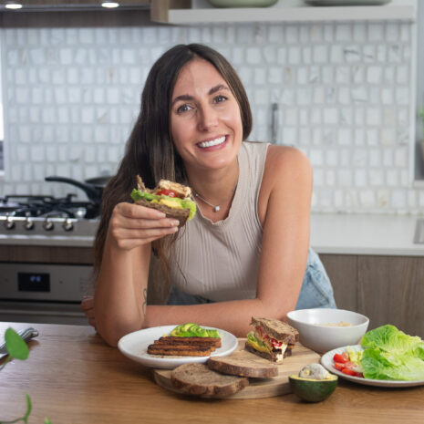 Sarah Cobacho of plantbaes with a plant-based BLT sandwich recipe