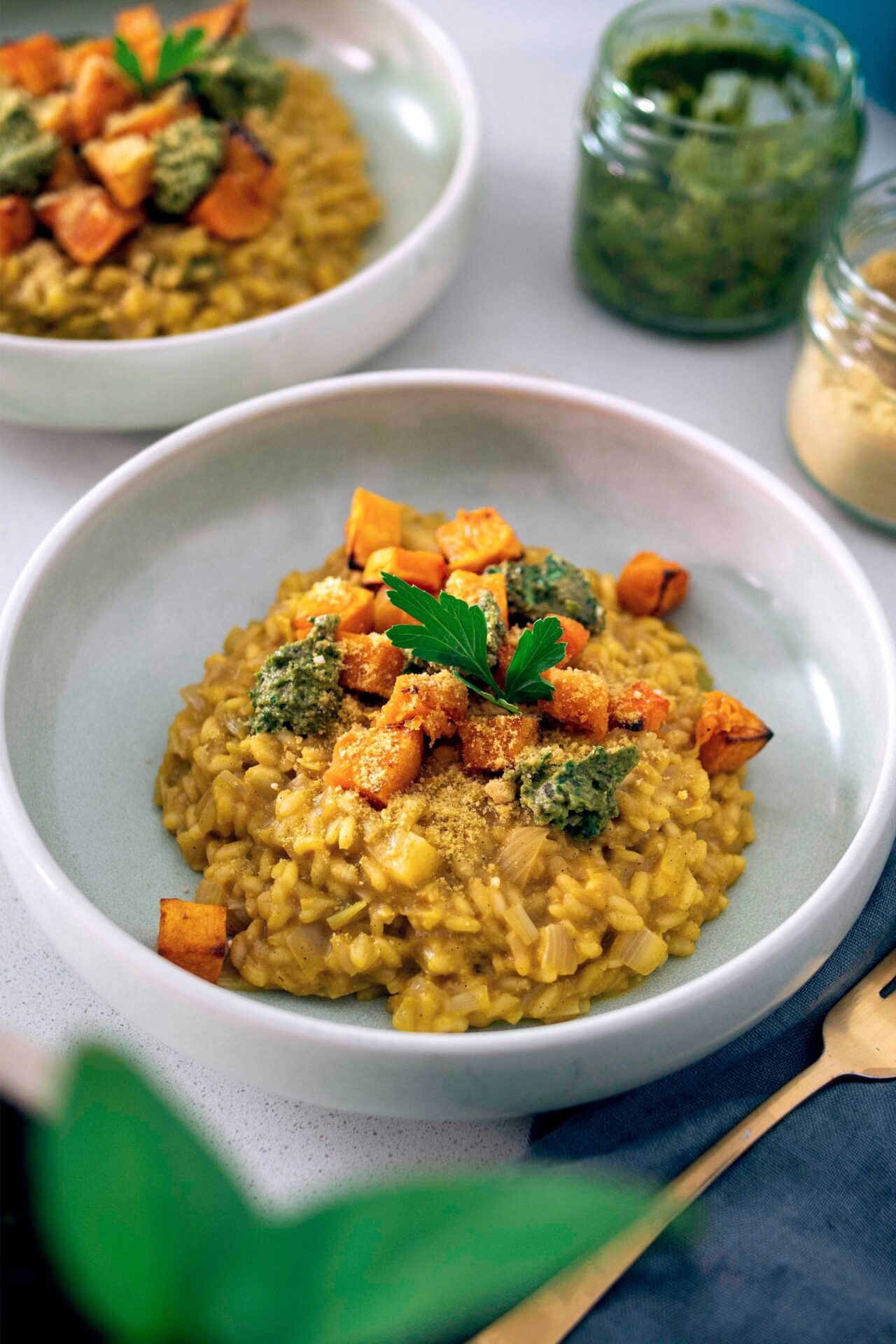 Butternut squash risotto with sage walnut pesto.
