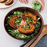 Soba noodle salad with roasted miso pumpkin in a wooden serving bowl