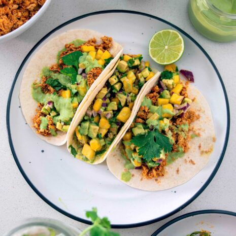 Easy tofu tacos with mango salsa on a plate