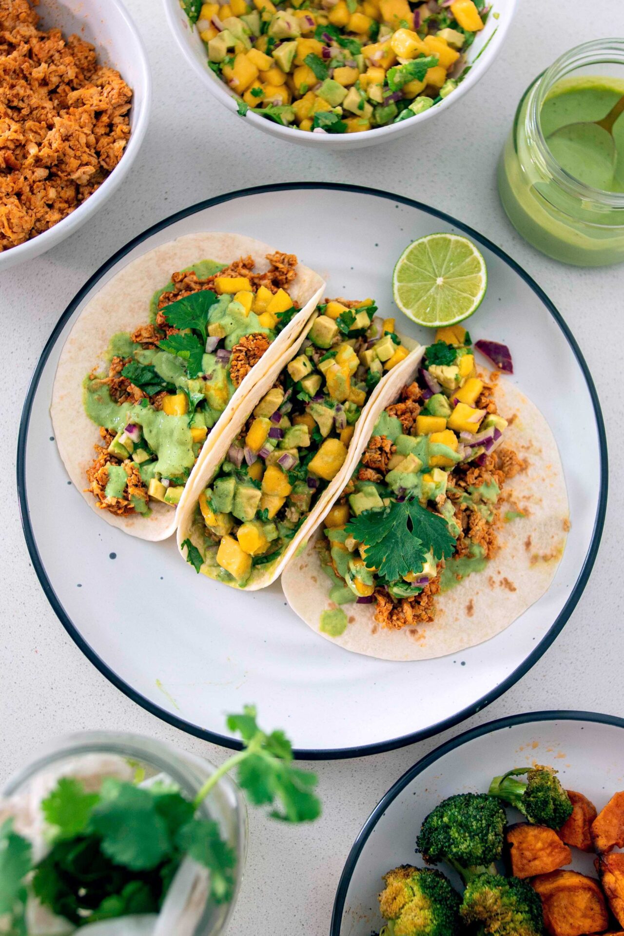 Easy tofu tacos with mango salsa on a plate