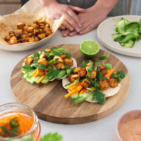 Vegan Tofu Banh mi tacos on a serving board