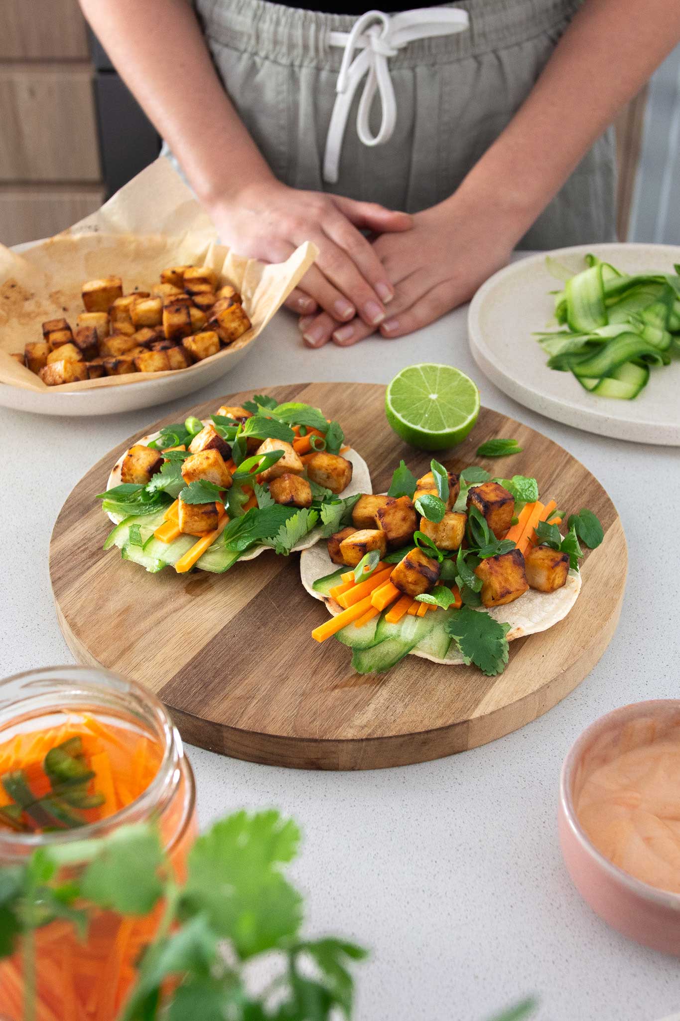 Vegan Tofu Banh mi tacos on a serving board
