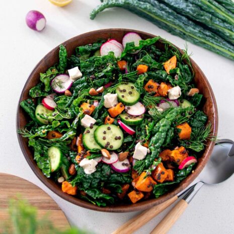 Tuscan Kale Salad in a big wooden bowl