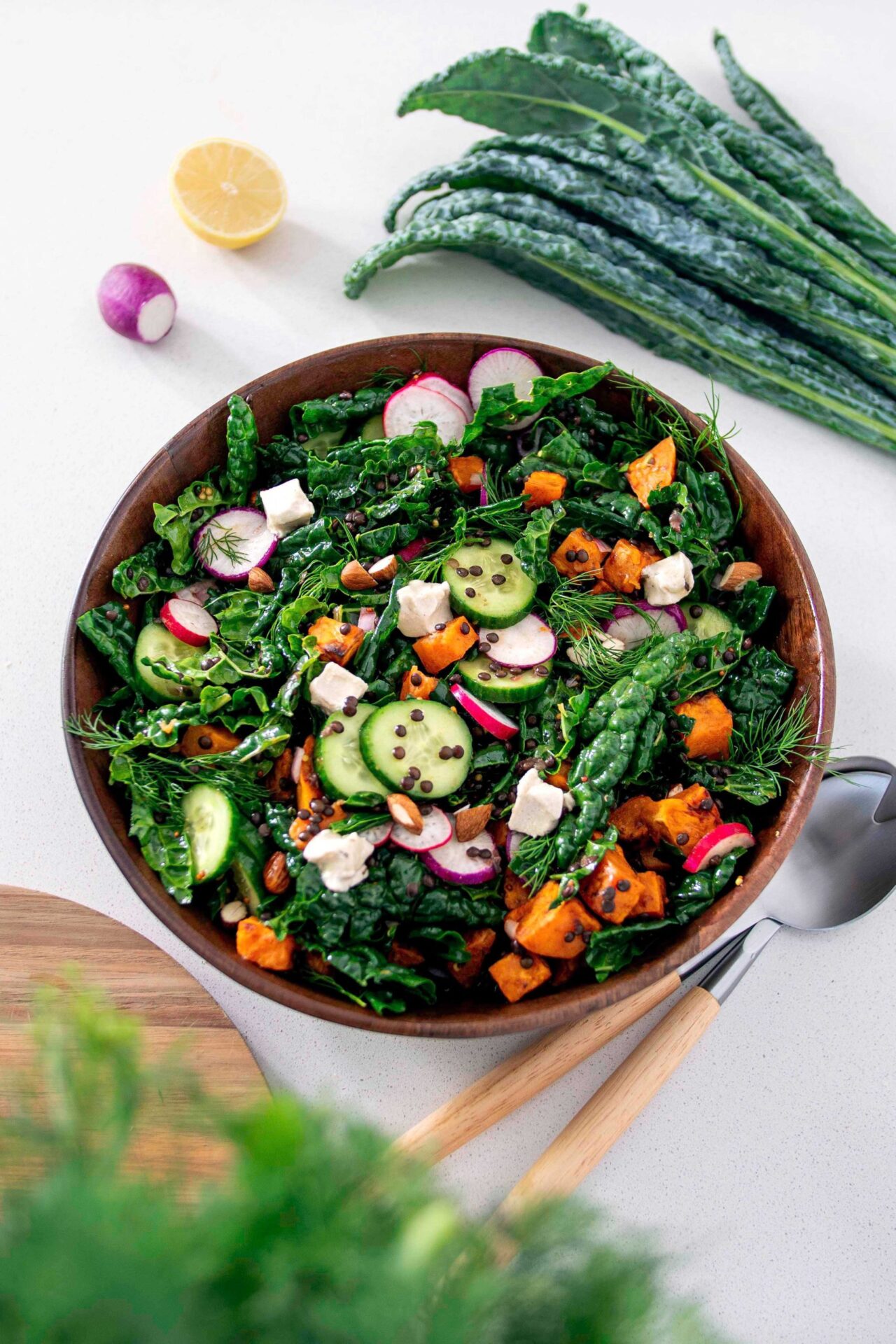 Tuscan Kale Salad in a big wooden bowl