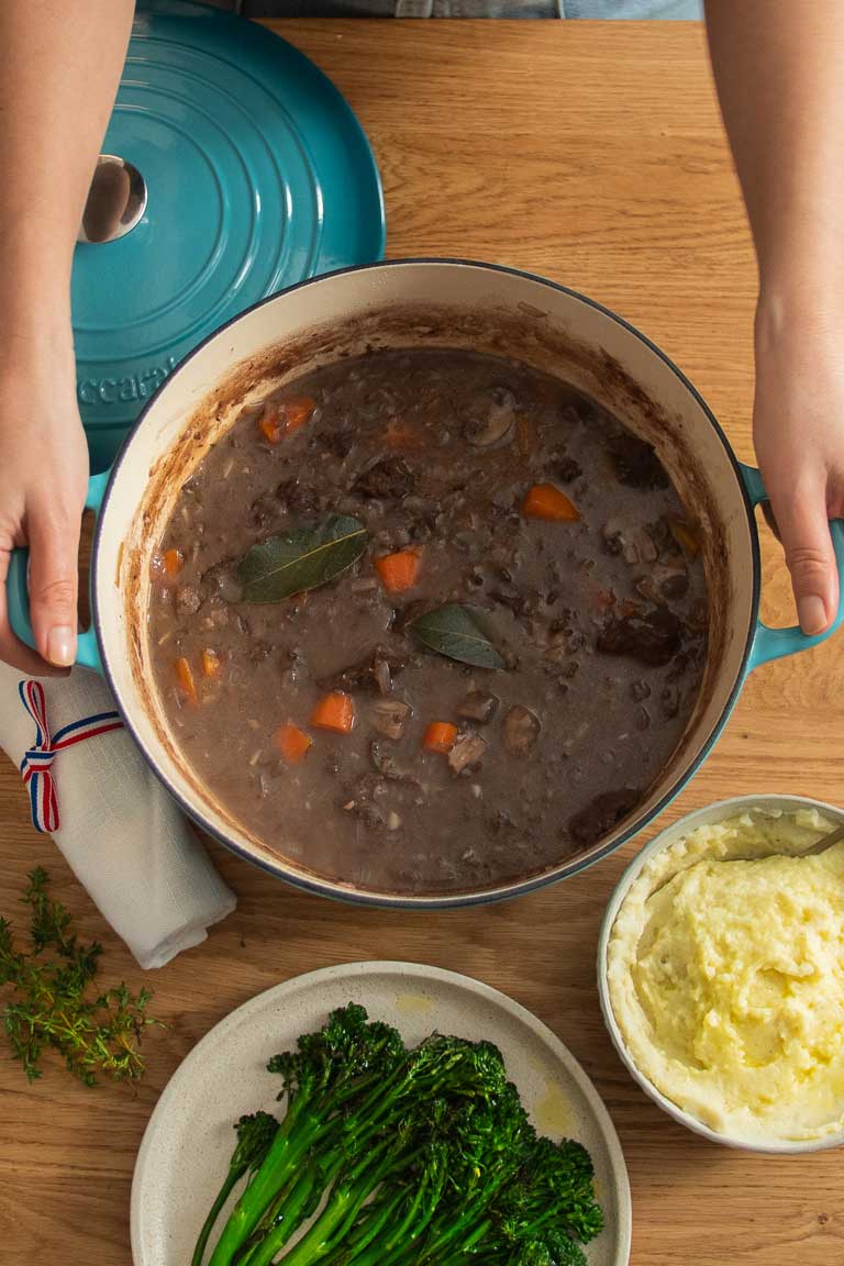 Vegan bourguignon with hearty vegetables and rich red wine sauce