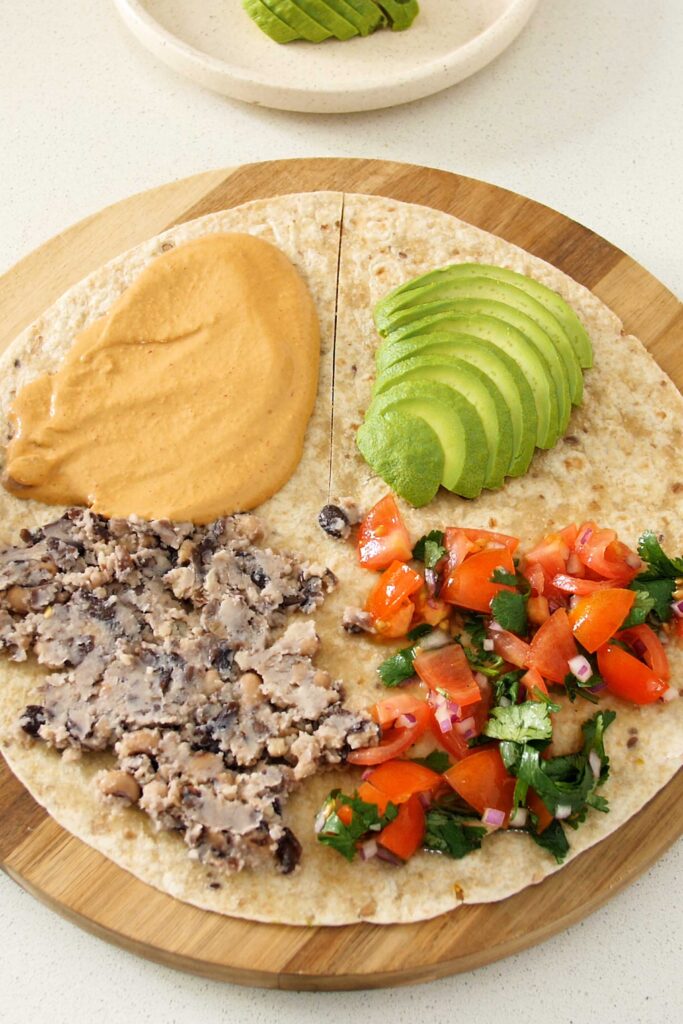 Tortilla wrap with main ingredients in each quadrant