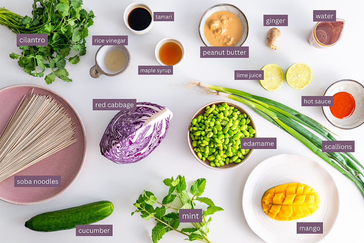Ingredients for High Protein Soba Noodle Salad with labeled on a white surface.