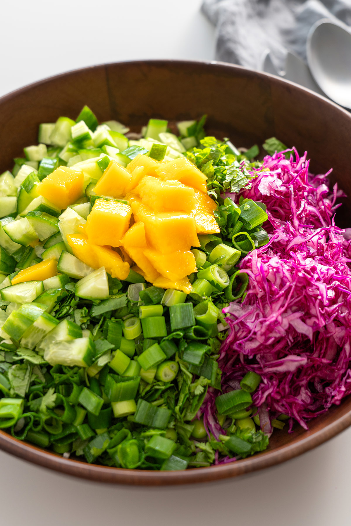 Close-up of Soba Noodle Salad with diced mango, cucumber, and shredded red cabbage in a wooden bowl.