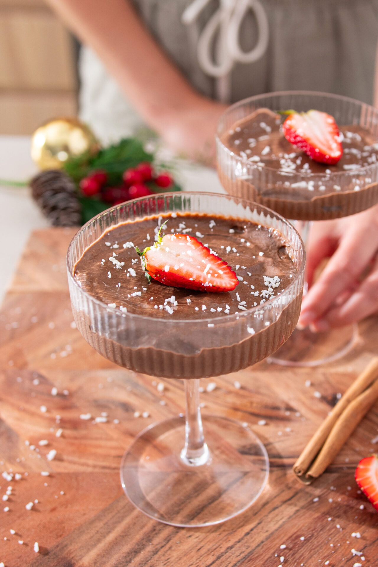 Christmas recipe of Gingerbread Avocado Chocolate Mousse in cocktail glasswear