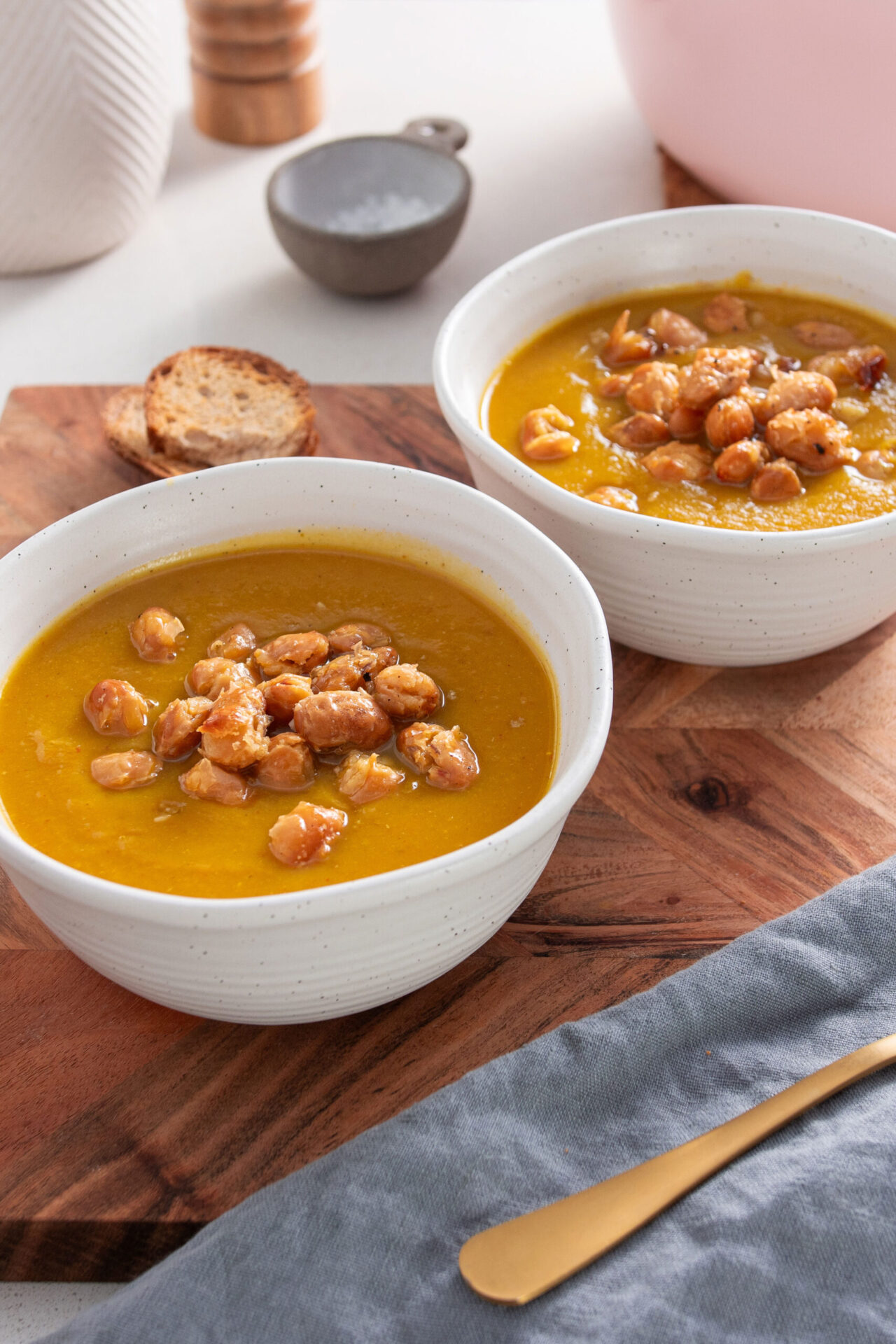 5 Ingredient Butternut Squash Soup with crispy butter bean croutons