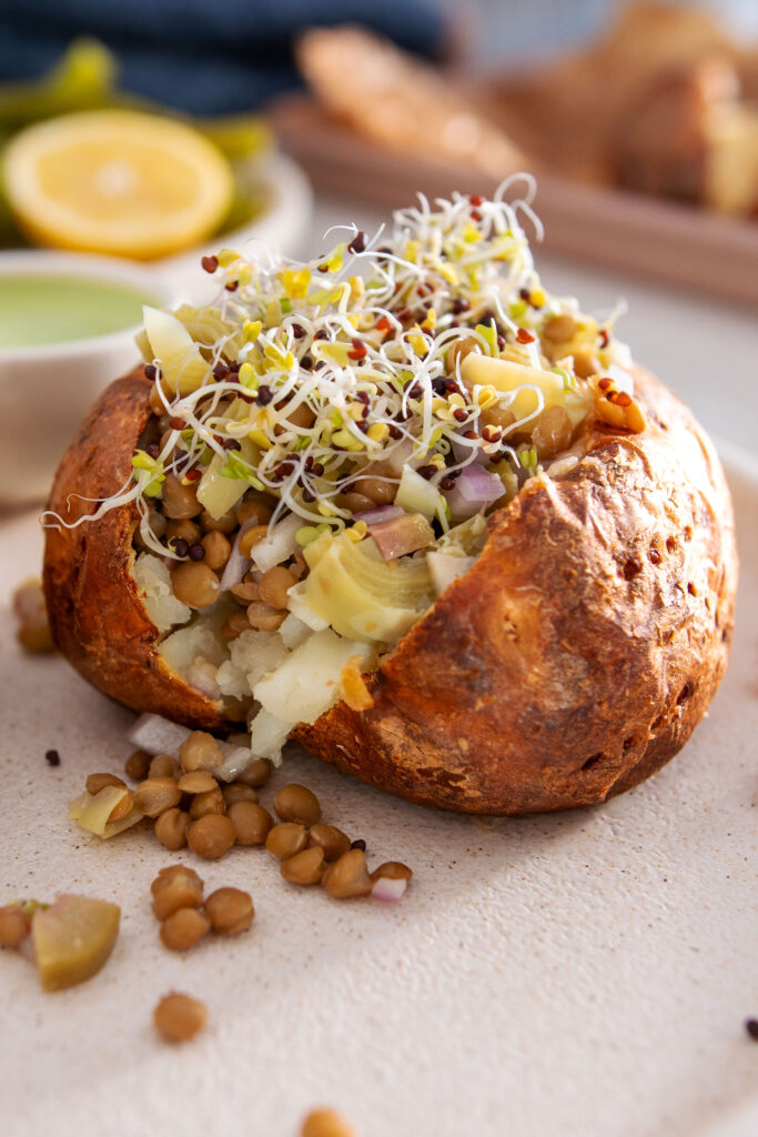 Stuffed sweet potatoes with zesty green dressing