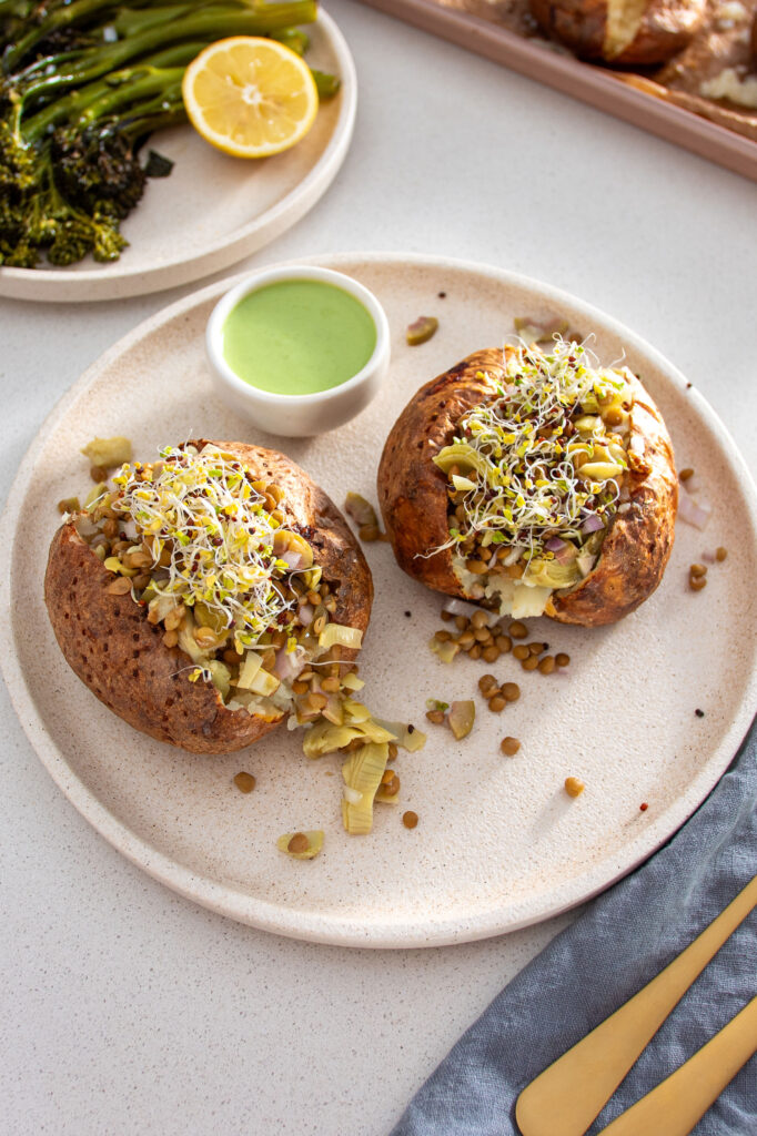 Stuffed sweet potatoes with zesty green dressing