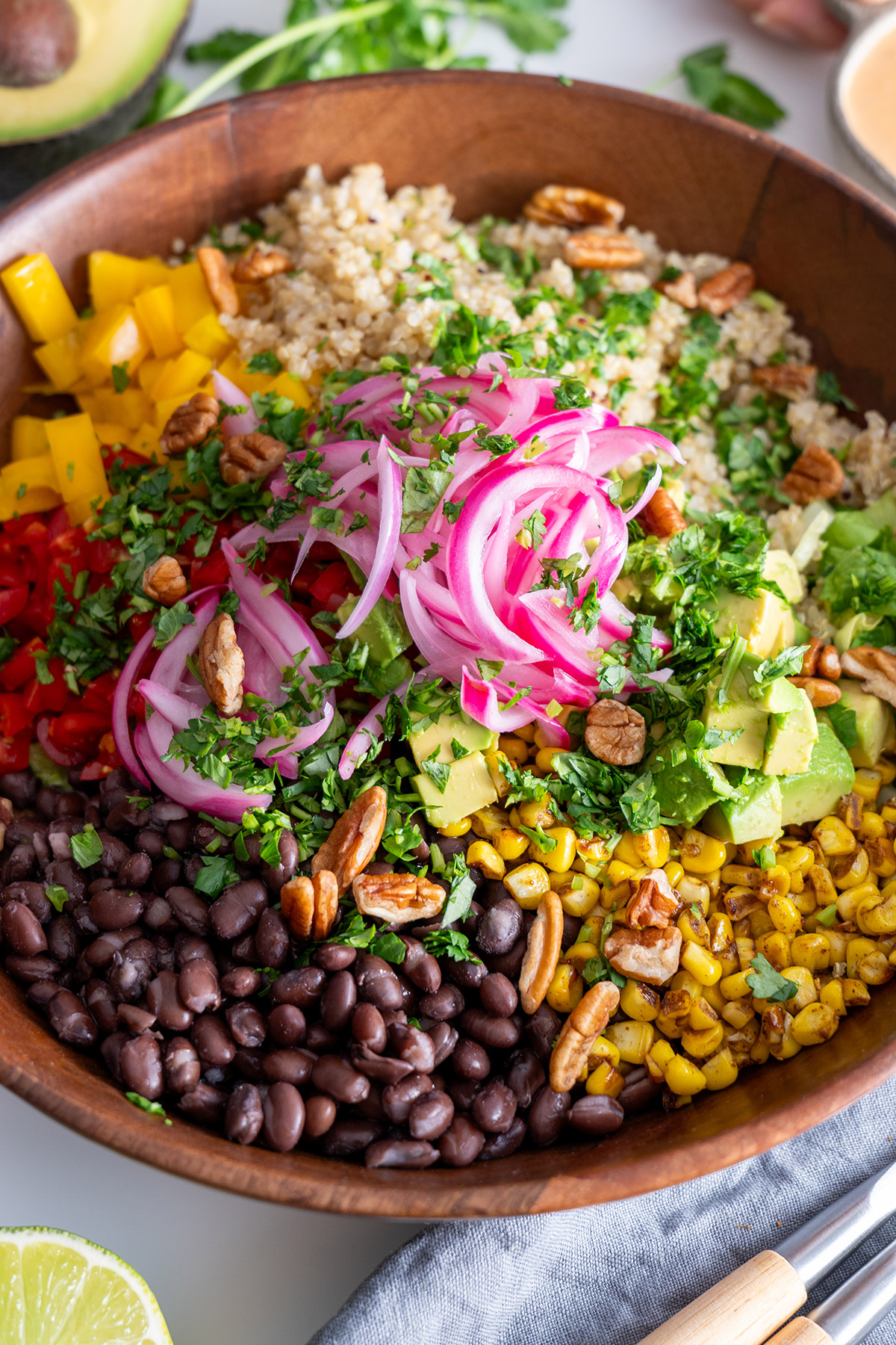 Overhead close-up of Chopped Southwest Salad with colorful toppings.
