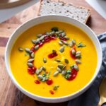 Closeup of a healing bowl of smooth butternut squash and red lentil soup garnished with seeds and red sauce, accompanied by slices of bread and a gold spoon on a rustic board.