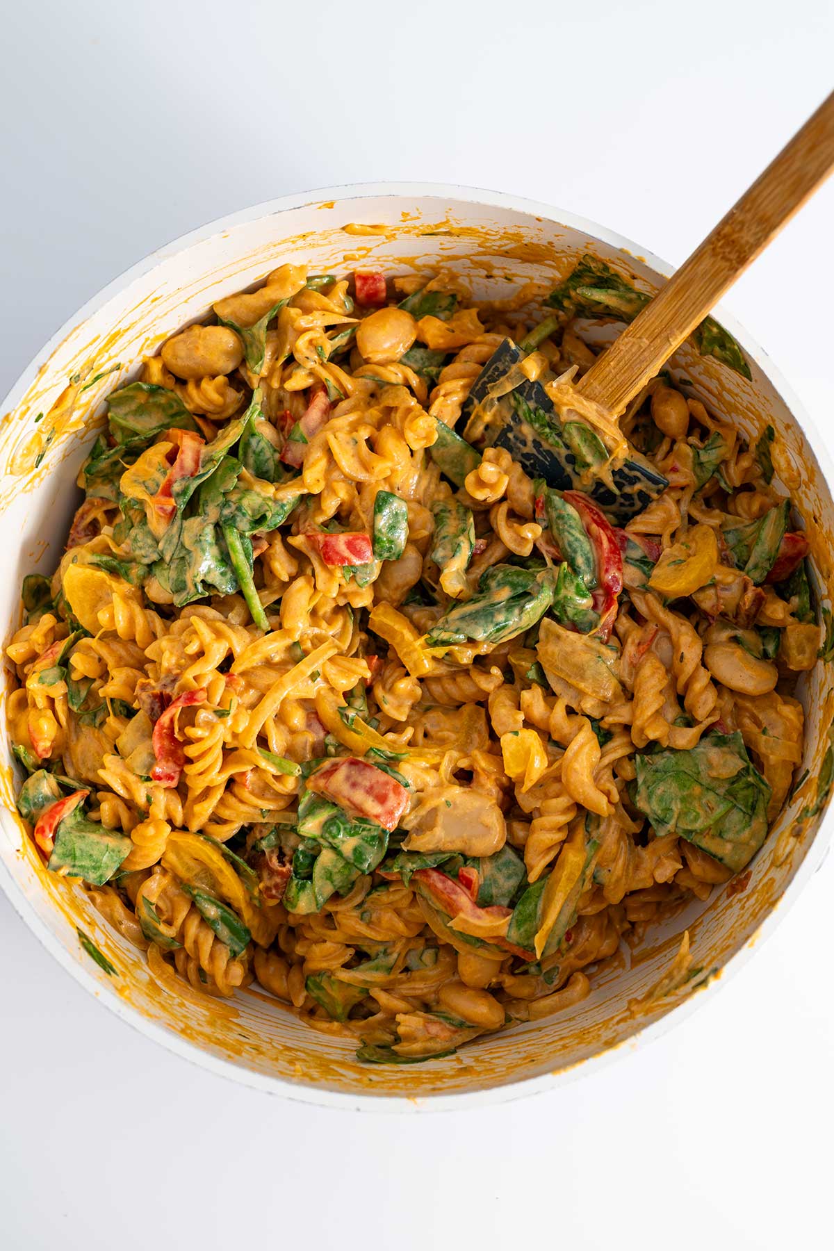 Pot full of 'High-Protein Vegan Marry Me Pasta' ready to be served