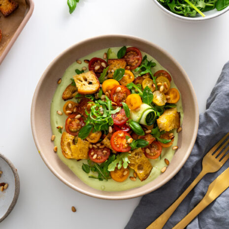 Overhead view of the assembled high-protein pesto bowl, ready to serve.