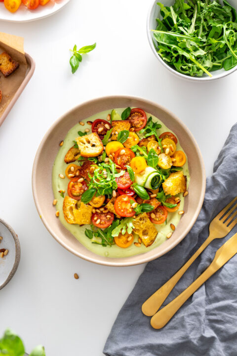 Overhead view of the assembled high-protein pesto bowl, ready to serve.