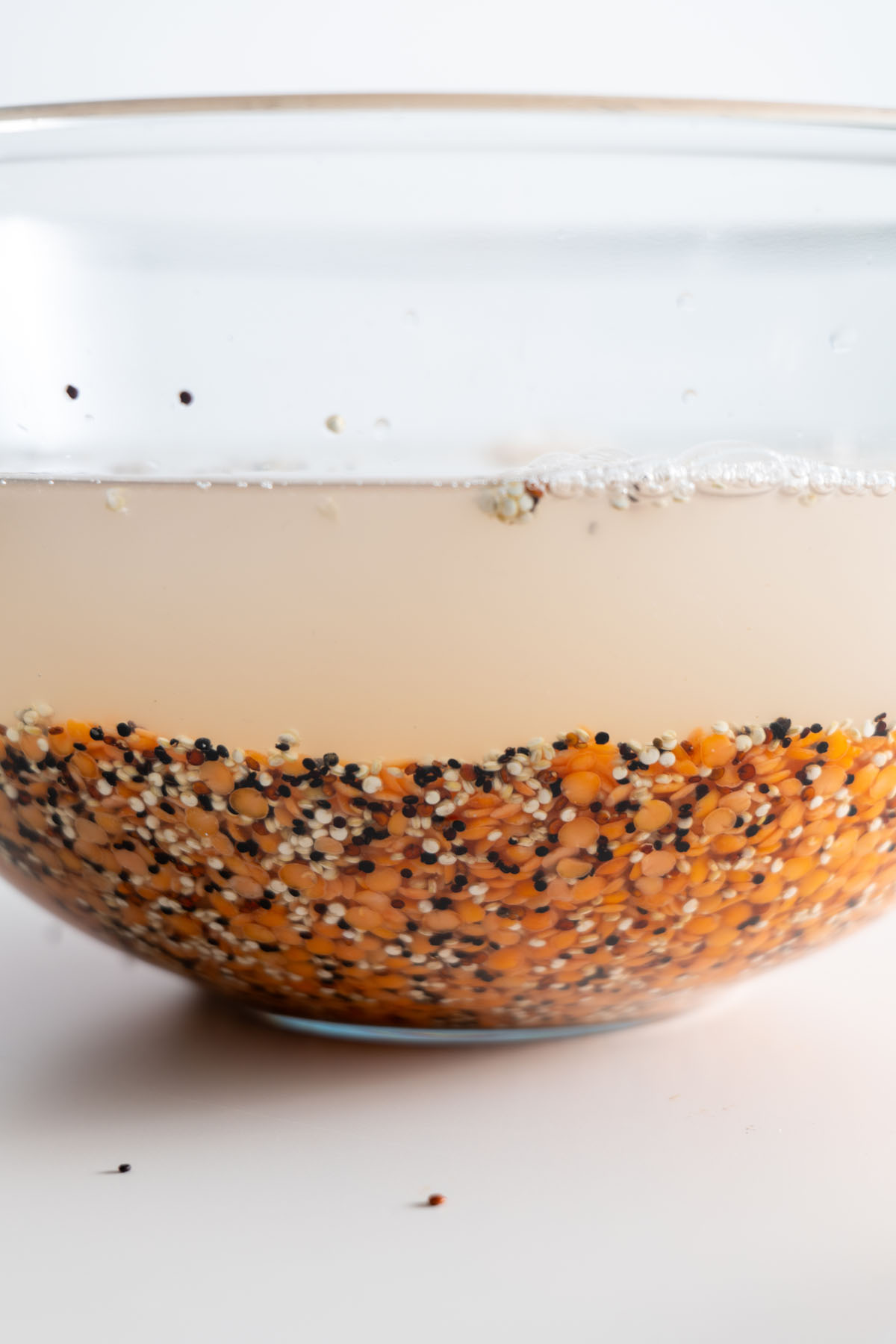 Close-up of split red lentils and quinoa soaking in water.