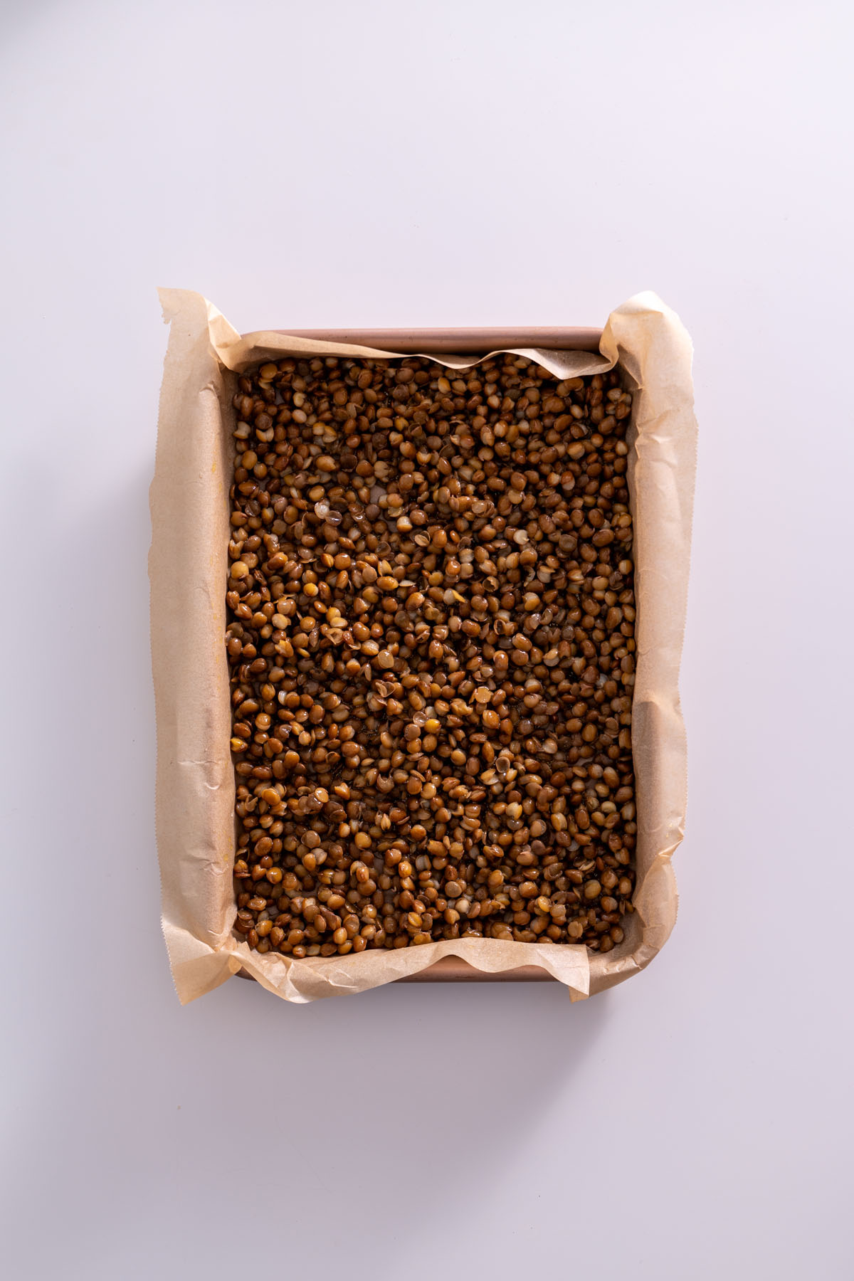 Brown lentils in a sheet pan ready for roasting.