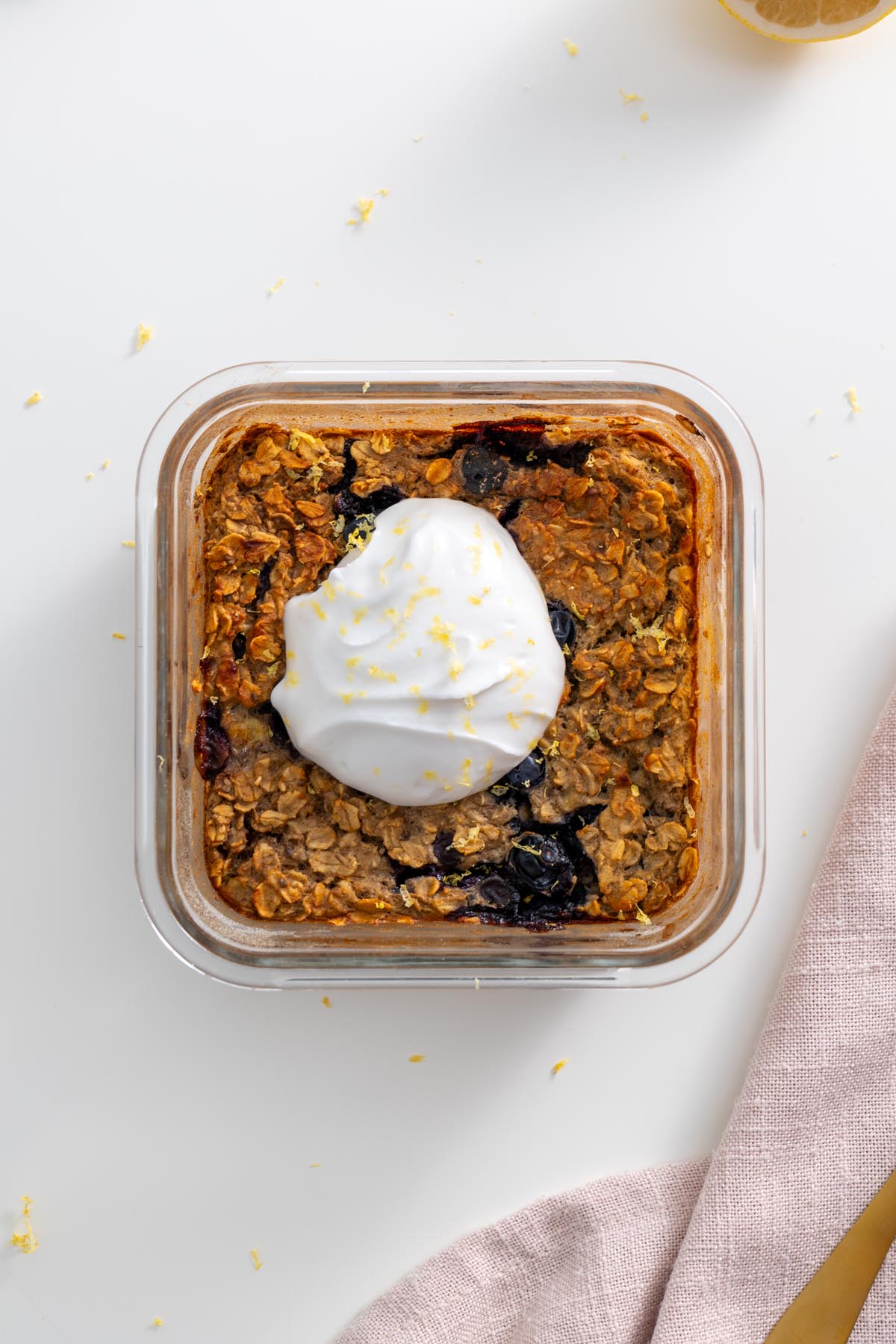 High-Protein Blueberry Baked Oats with coconut yogurt topping