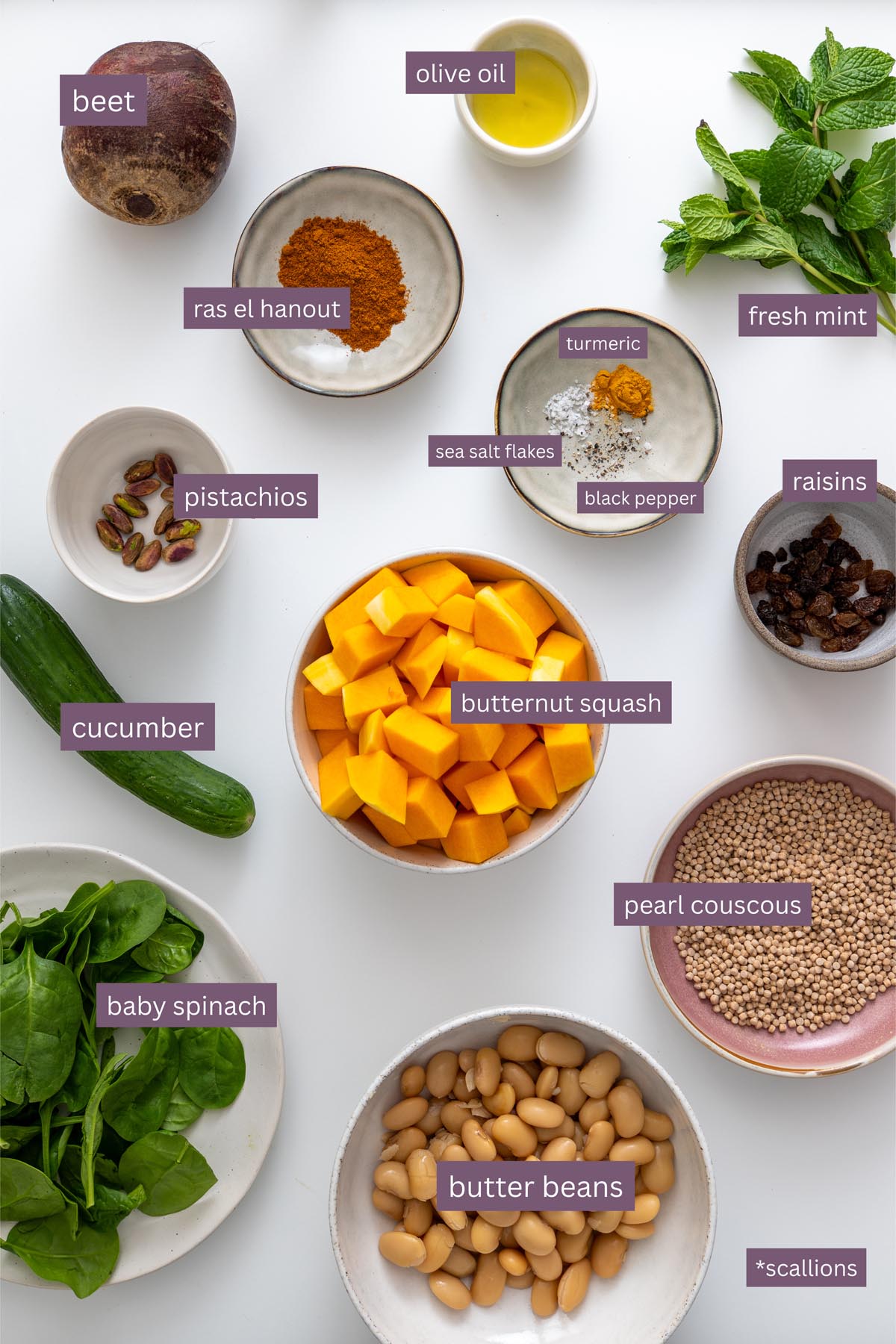 Labeled ingredients for Moroccan Spiced Pearl Couscous Salad arranged on a white background.