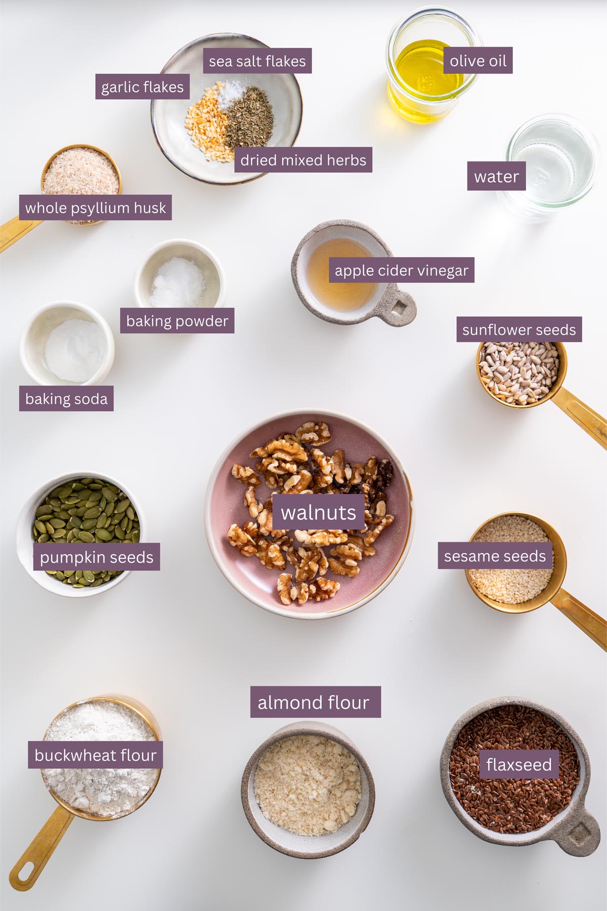 Labeled overhead shot of vibrant ingredients for a gluten-free seeded bread on a white surface